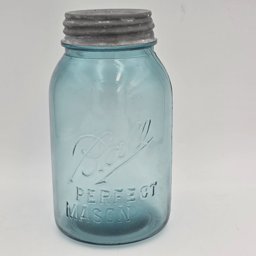 BALL ‎ PERFECT MASON AQUA QUART JAR W/Lid RARE PRINTING ERROR!! 1900-1910